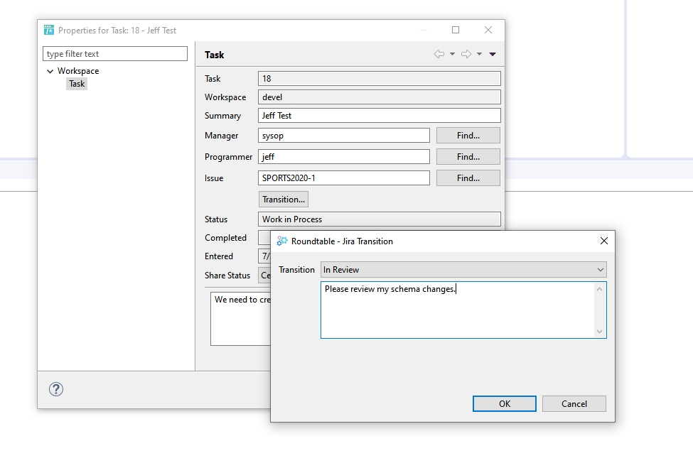 Updating a Jira Transition in Roundtable TSMS.